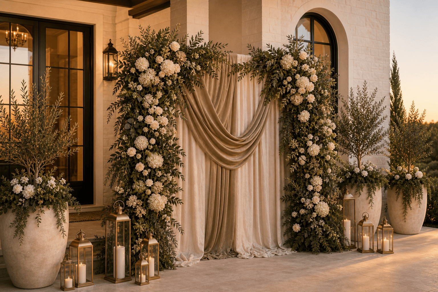 A covered entry styled with a freestanding floral backdrop, greenery, layered neutral draping, planters, and lanterns.