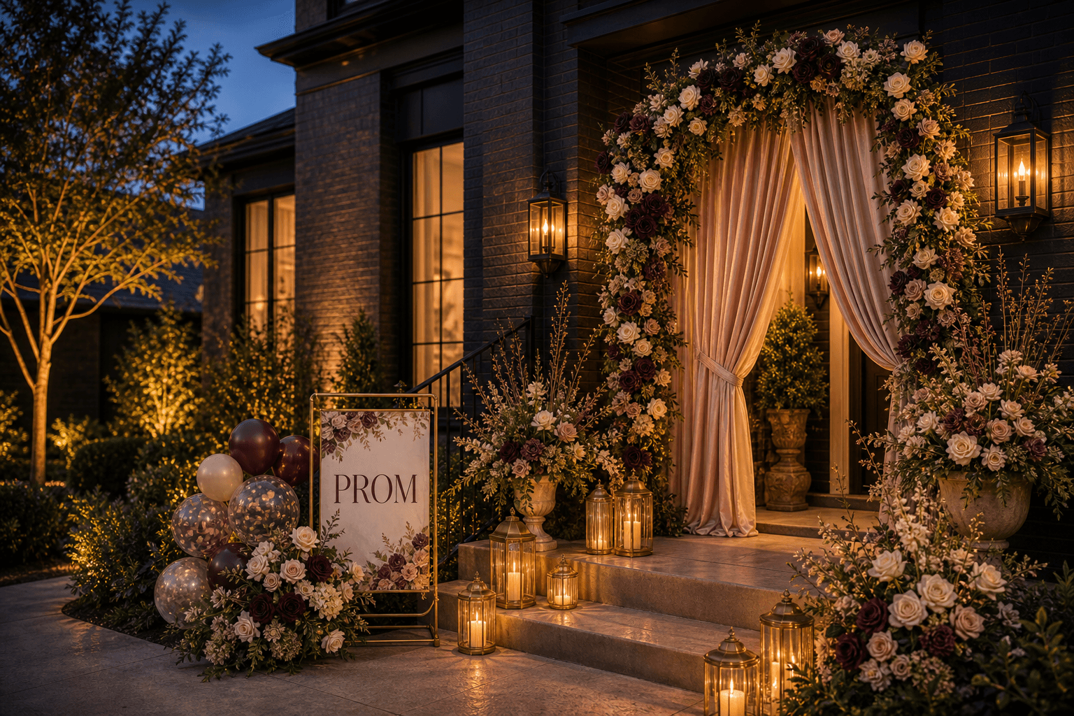 A dark brick front stoop styled for prom with a floral arch, ribbon-curtain backdrop, balloons, a Prom sign, and lanterns.