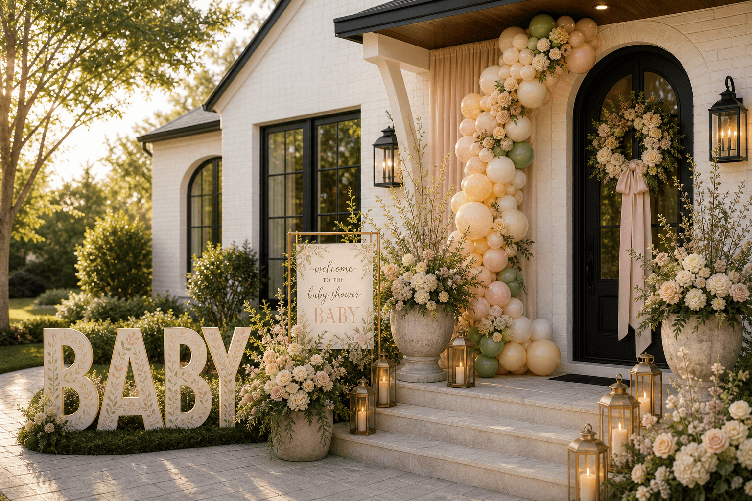 A baby shower entry with pastel balloon arch, hand-lettered welcome board, and dried florals