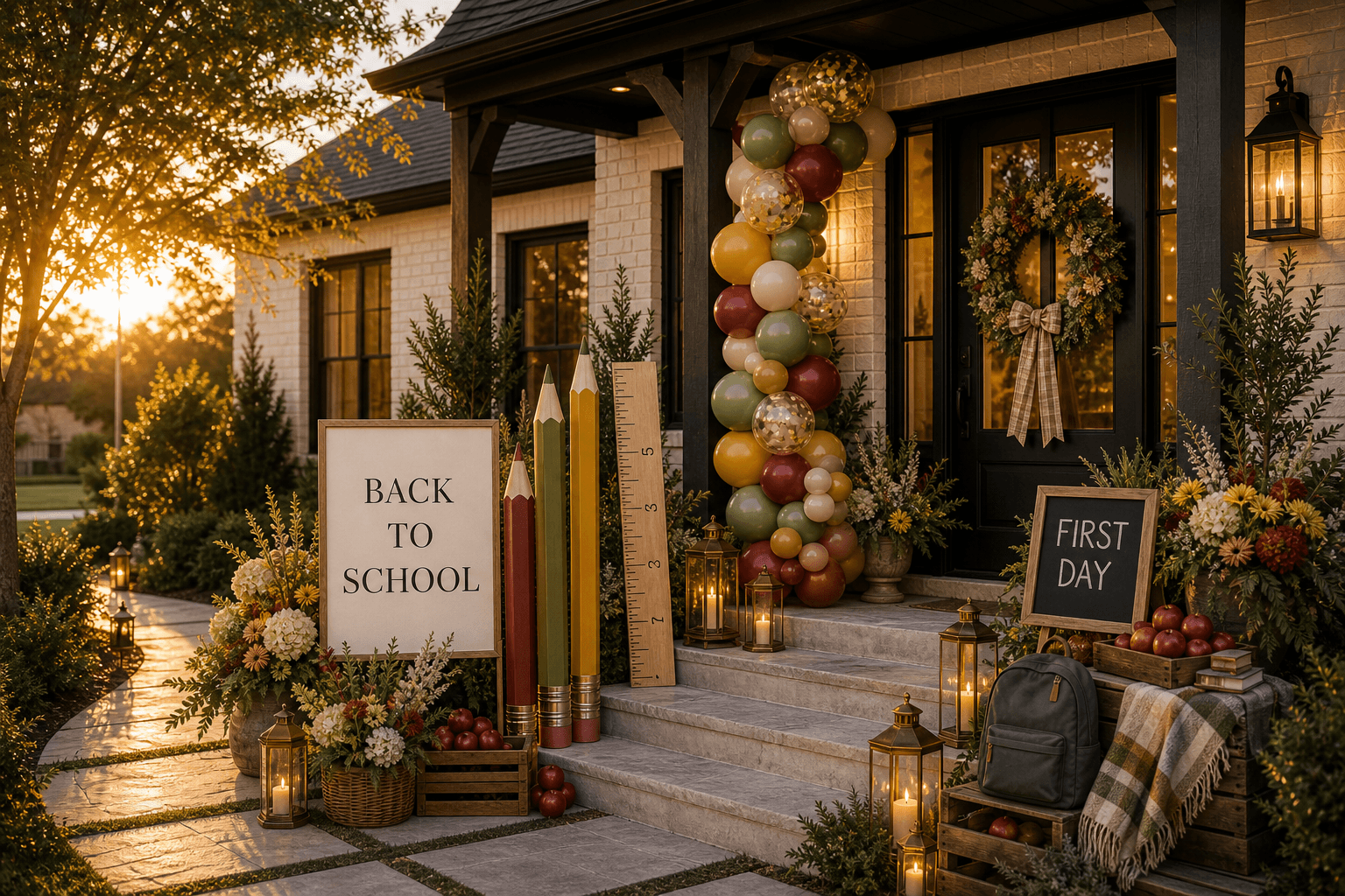 A front porch styled for back-to-school with a Back to School sign, pencil and ruler props, First Day board, balloons, florals, and lanterns.