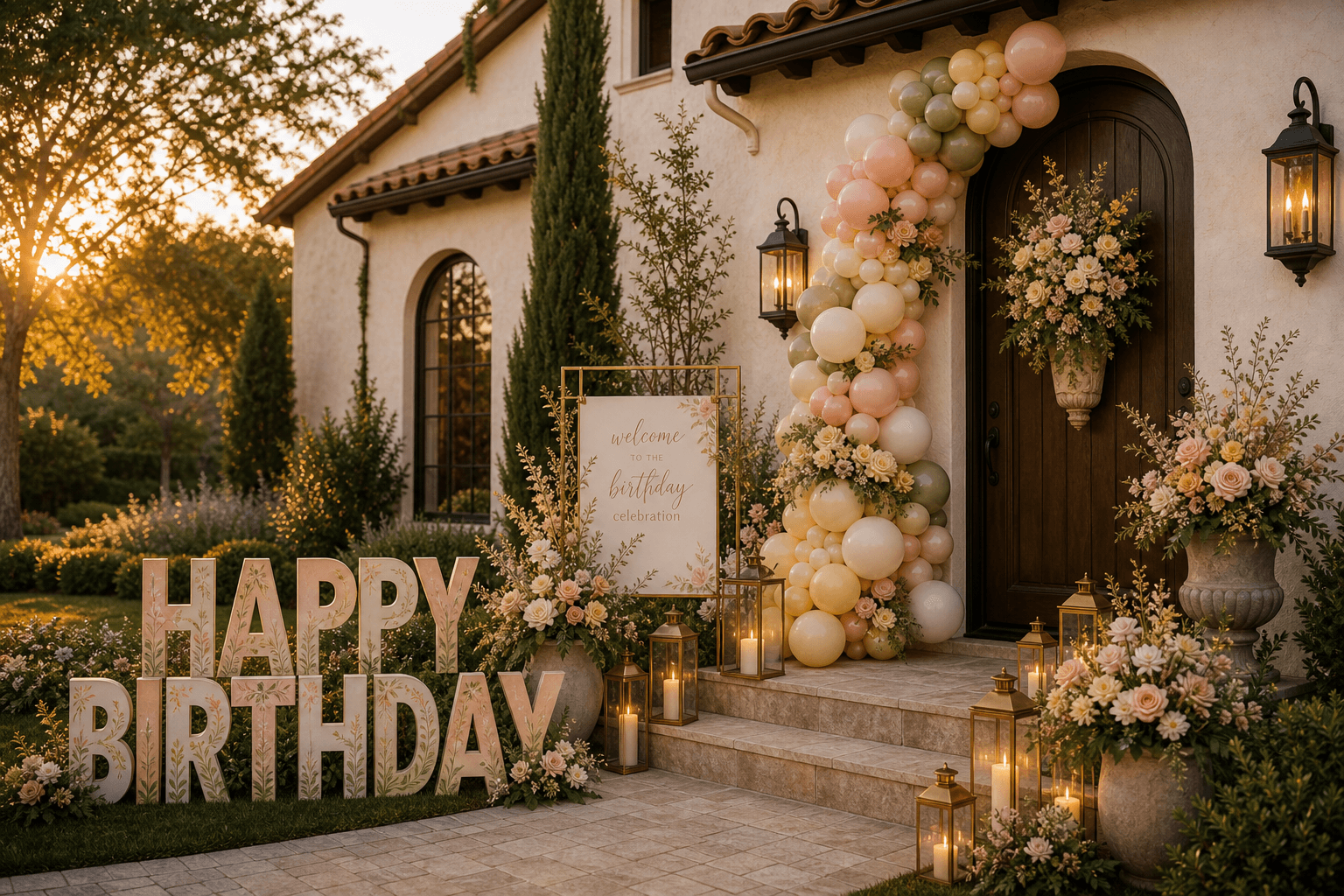 A birthday porch with marquee letters and balloon architecture