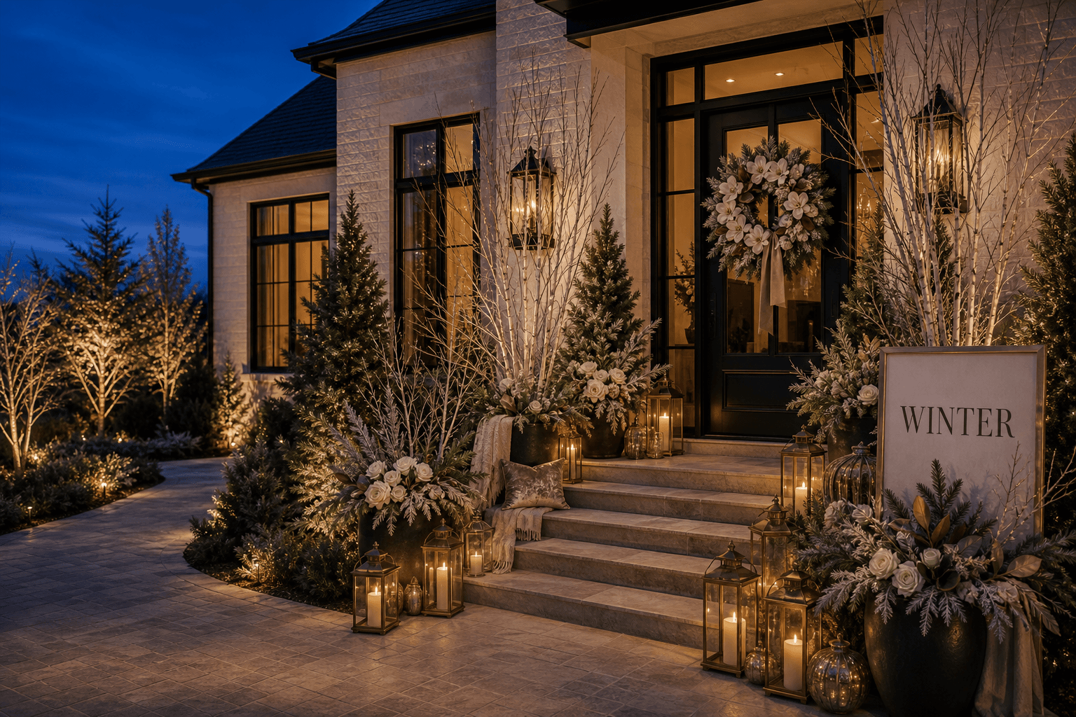 A winter front porch at blue hour with birch branches, white evergreen planters, a Winter sign, a frosted wreath, textiles, and brass lanterns.