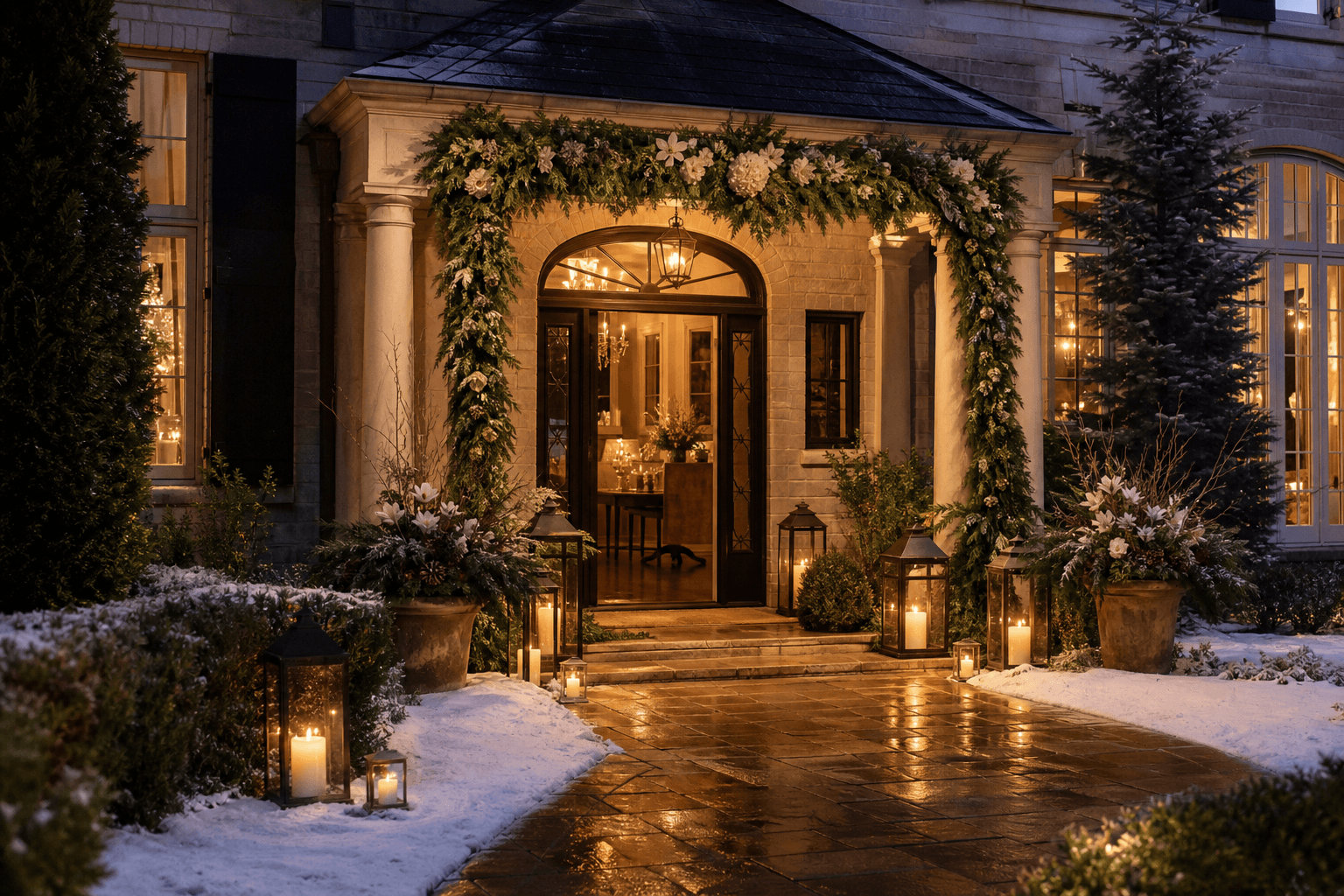 An evening reception entry styled for a holiday party with warm garland, florals, lanterns, and interior glow. in Addison Circle, Addison, Texas