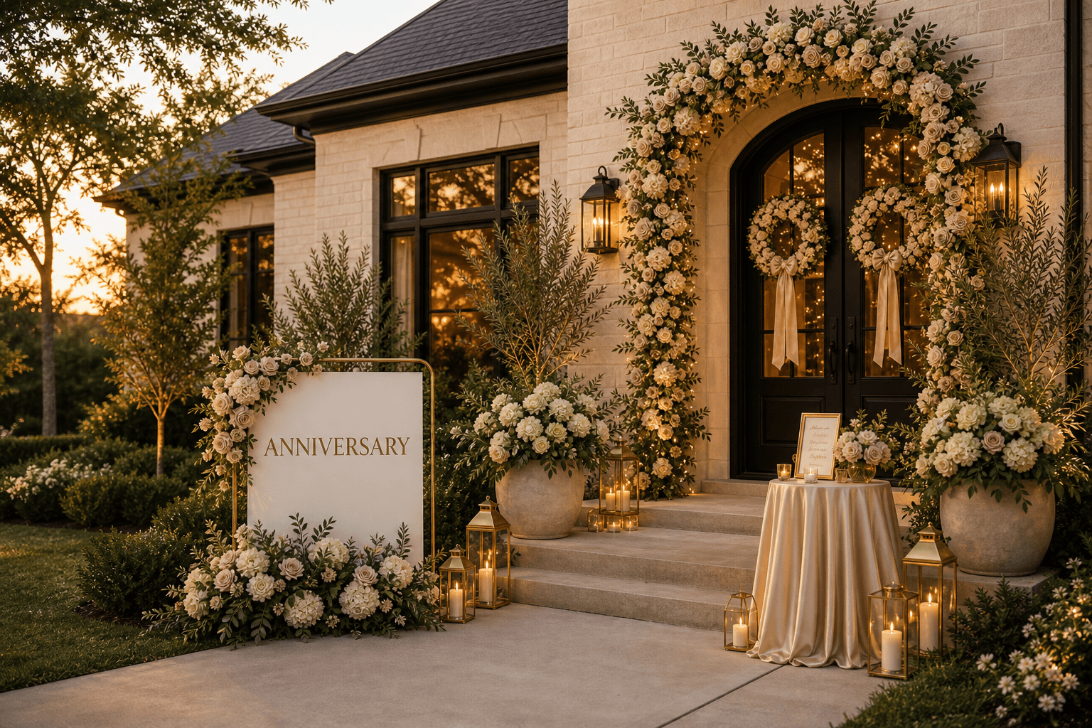 A white brick front entry styled for an anniversary with an Anniversary sign, blush and ivory floral arch, cream planters, a ribboned pedestal, and lanterns. in Wellington, Flower Mound, Texas
