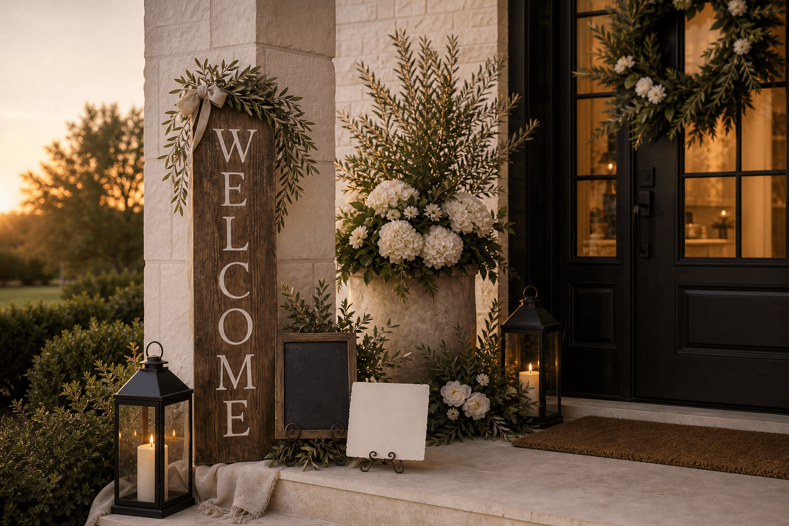 A front porch styled with a vertical hand-lettered welcome board, white floral planters, greenery, lanterns, and ribbon.