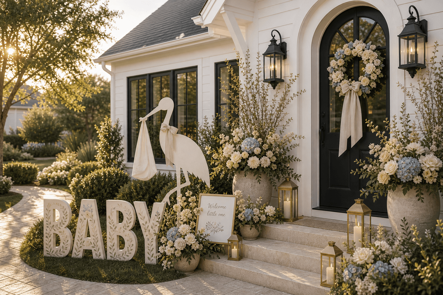 A welcome-home porch with name banner, balloon arch over the walkway, and pastel floral clusters