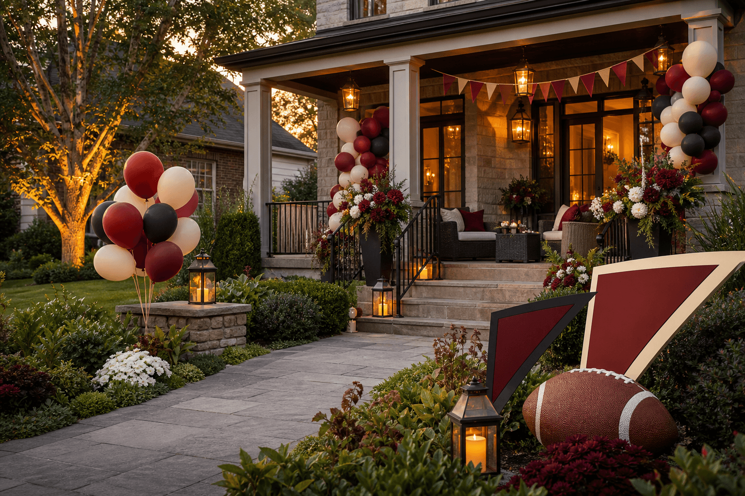 A Parker County porch at dusk with stone walls, deep porch, and a single ember lantern.