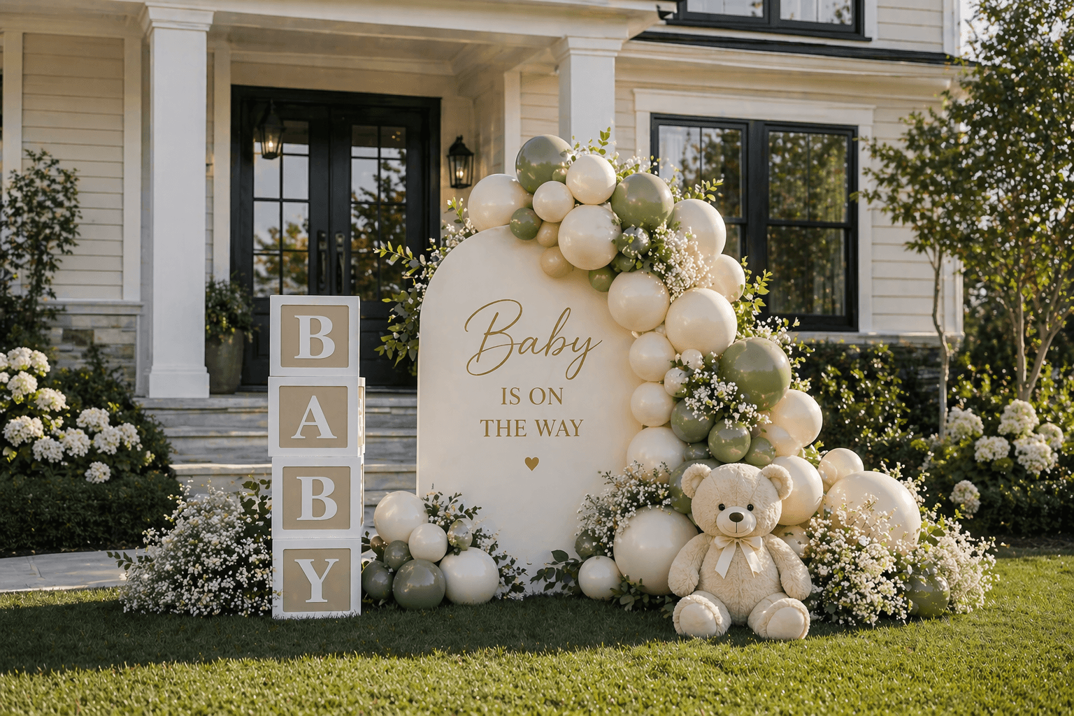 A welcome-home porch styled for a new arrival, with pastel garlands