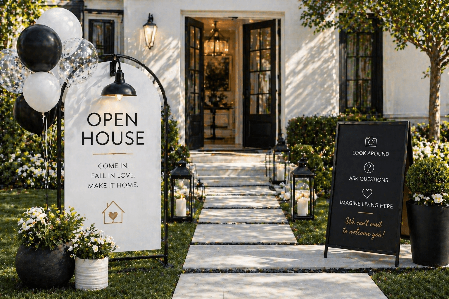 An open-house entry styled at dusk with brass lanterns and matching planters