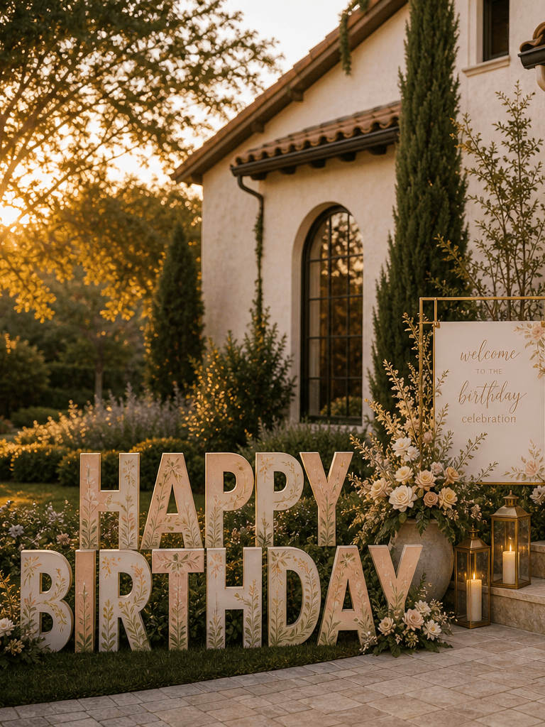 A cream stucco front entry styled for a birthday with Happy Birthday yard letters, architectural balloons, florals, and brass lanterns.