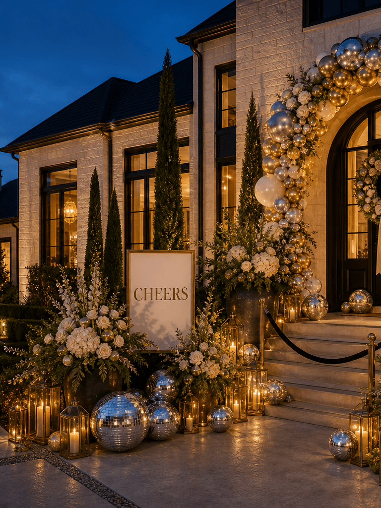 A contemporary front entry at blue hour styled for New Year's Eve with a Cheers sign, champagne florals, metallic balloons, mirror-sphere props, and lanterns.