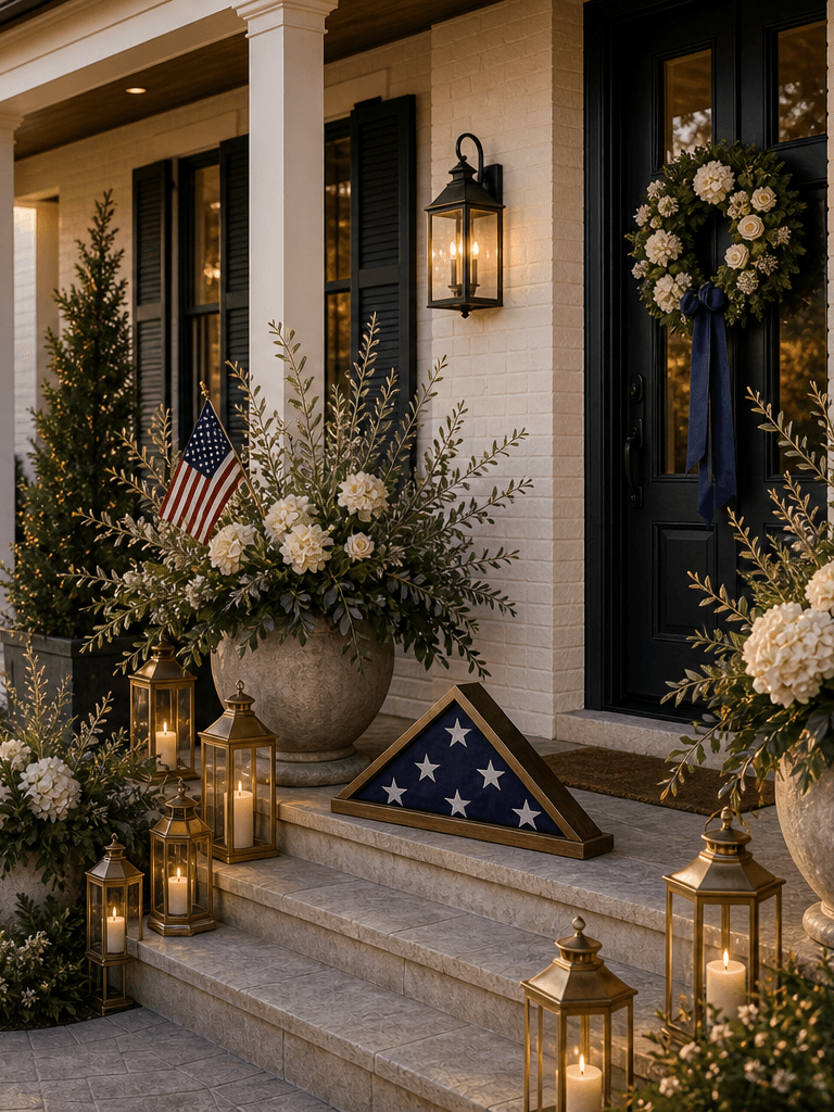 A broad southern-style porch at golden hour styled for Memorial Day with linen bunting, white florals, brass lanterns, and a folded flag display.
