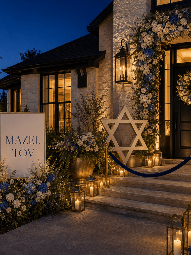 A contemporary limestone entry at blue hour styled for a Bar or Bat Mitzvah with a Mazel Tov sign, Star of David prop, blue-and-ivory florals, and lanterns.
