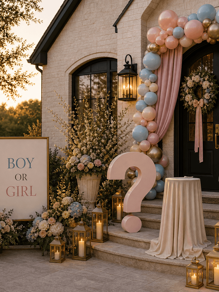 A limestone front entry styled for a gender reveal with a Boy or Girl sign, matte question-mark props, blush and powder-blue balloons, florals, and lanterns.