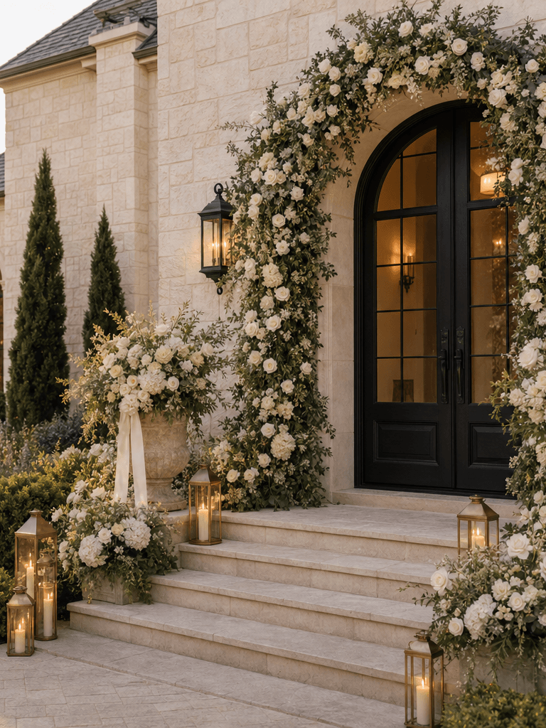 A limestone estate front entry styled for a wedding with a white floral arch, greenery, ivory ribbon, and brass lanterns.