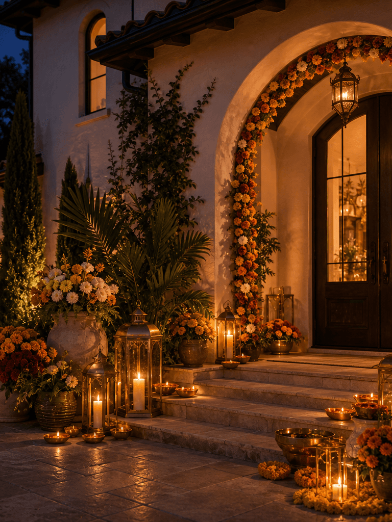 A Mediterranean-style arched front entry at blue hour styled for Diwali with marigold garland, brass diyas, lanterns, and warm floral planters.