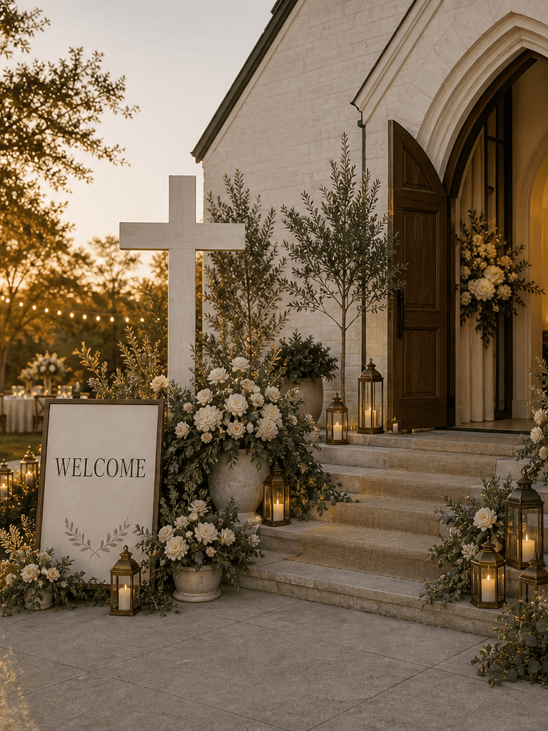 A chapel entry styled for a church event with a Welcome sign, cross prop, white florals, linen banners, greenery, and lantern rows.