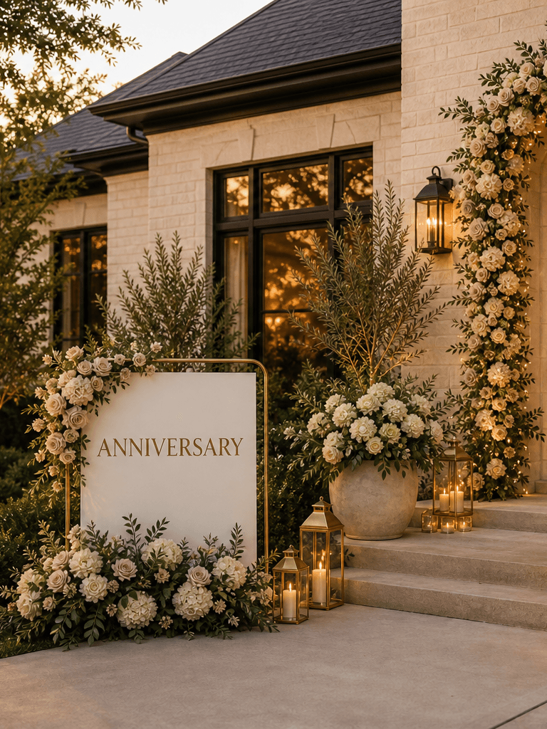 A white brick front entry styled for an anniversary with an Anniversary sign, blush and ivory floral arch, cream planters, a ribboned pedestal, and lanterns.