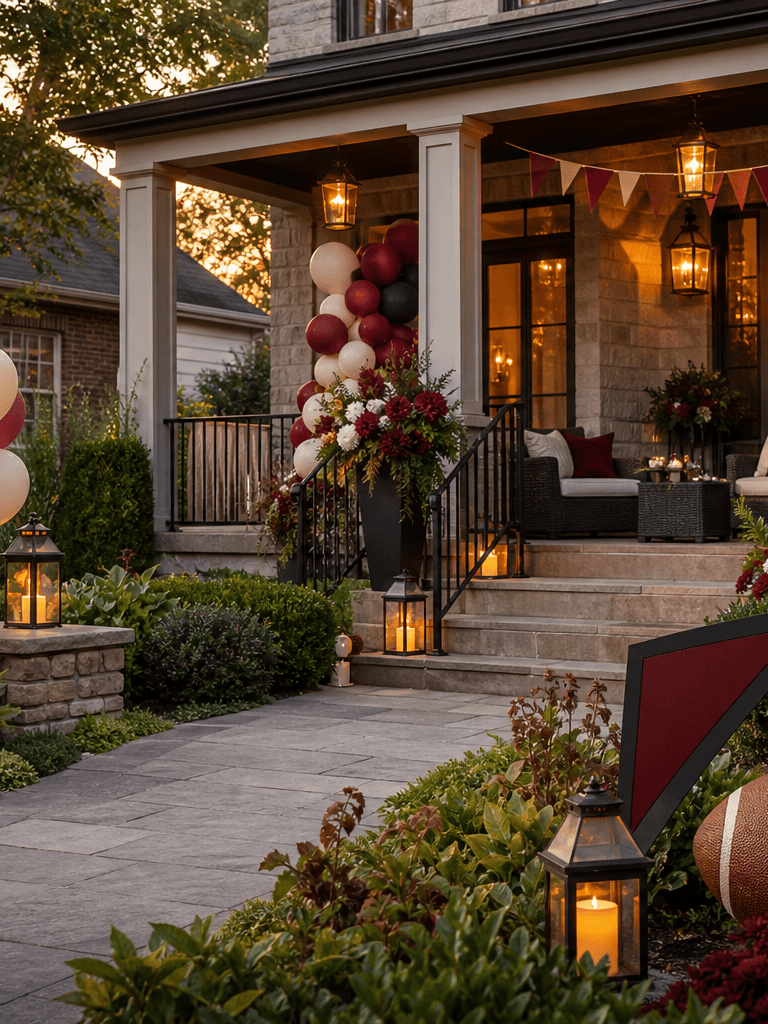 A front porch styled for game day with team-color accents, balloons, florals, lanterns, and yard-letter props without logos.
