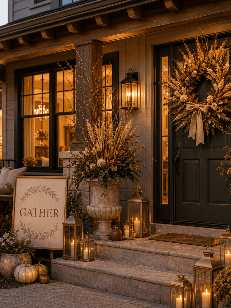 A craftsman-style covered porch at golden hour styled for Thanksgiving with dried botanicals, heirloom pumpkins, brass lanterns, and harvest planters.