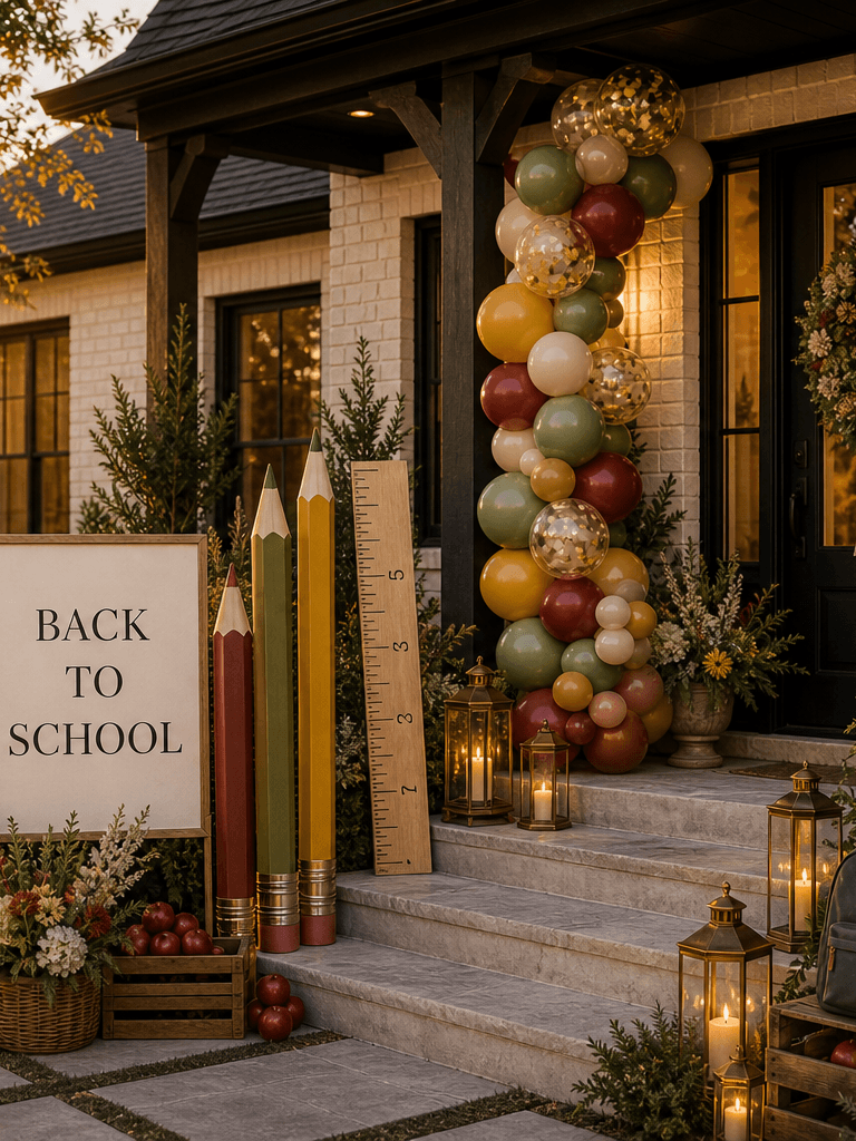 A front porch styled for back-to-school with a Back to School sign, pencil and ruler props, First Day board, balloons, florals, and lanterns.