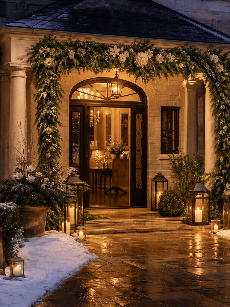 An evening reception entry styled for a holiday party with warm garland, florals, lanterns, and interior glow.
