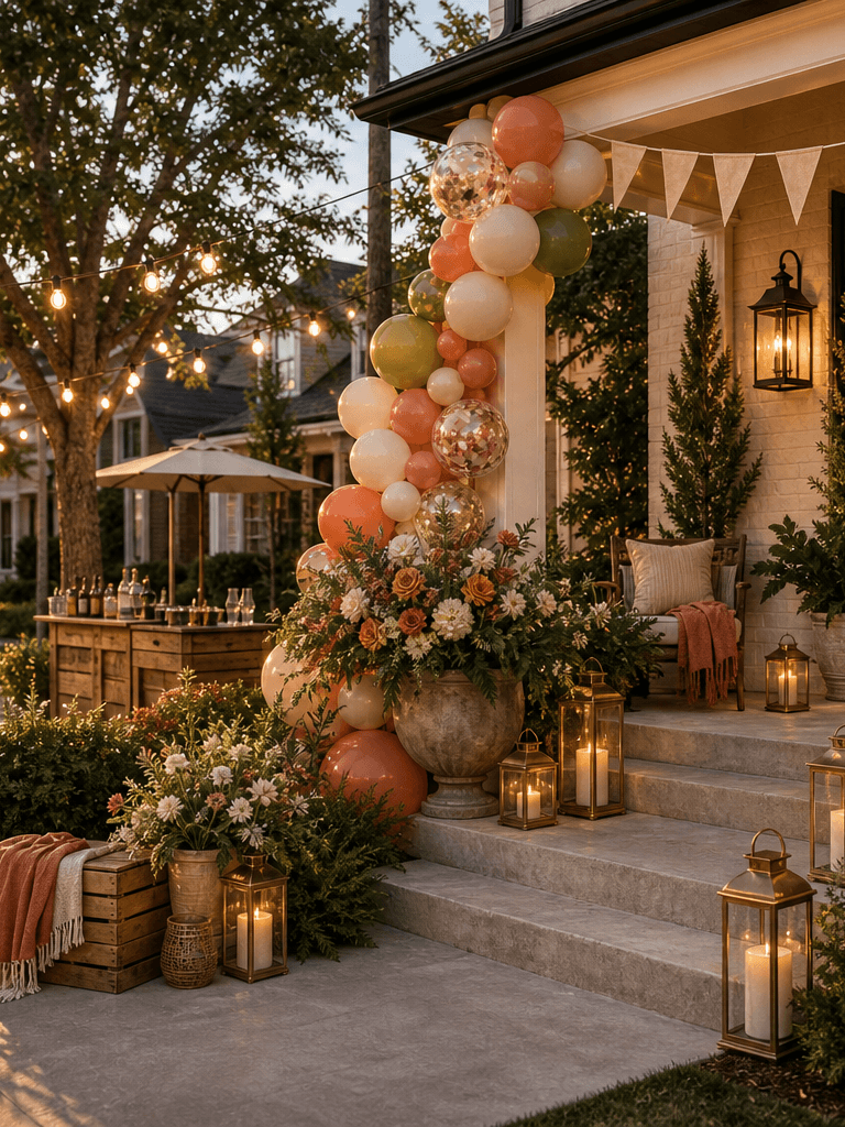 A host porch and sidewalk styled for a block party with a Block Party sign, pennants, architectural balloons, florals, string lights, and lanterns.