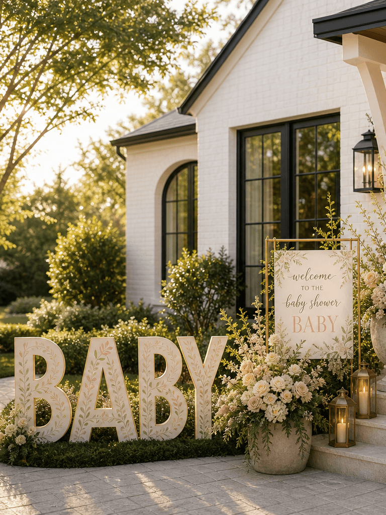 A white brick front entry styled for a baby shower with Baby yard letters, pastel balloons, florals, a welcome board, and brass lanterns.