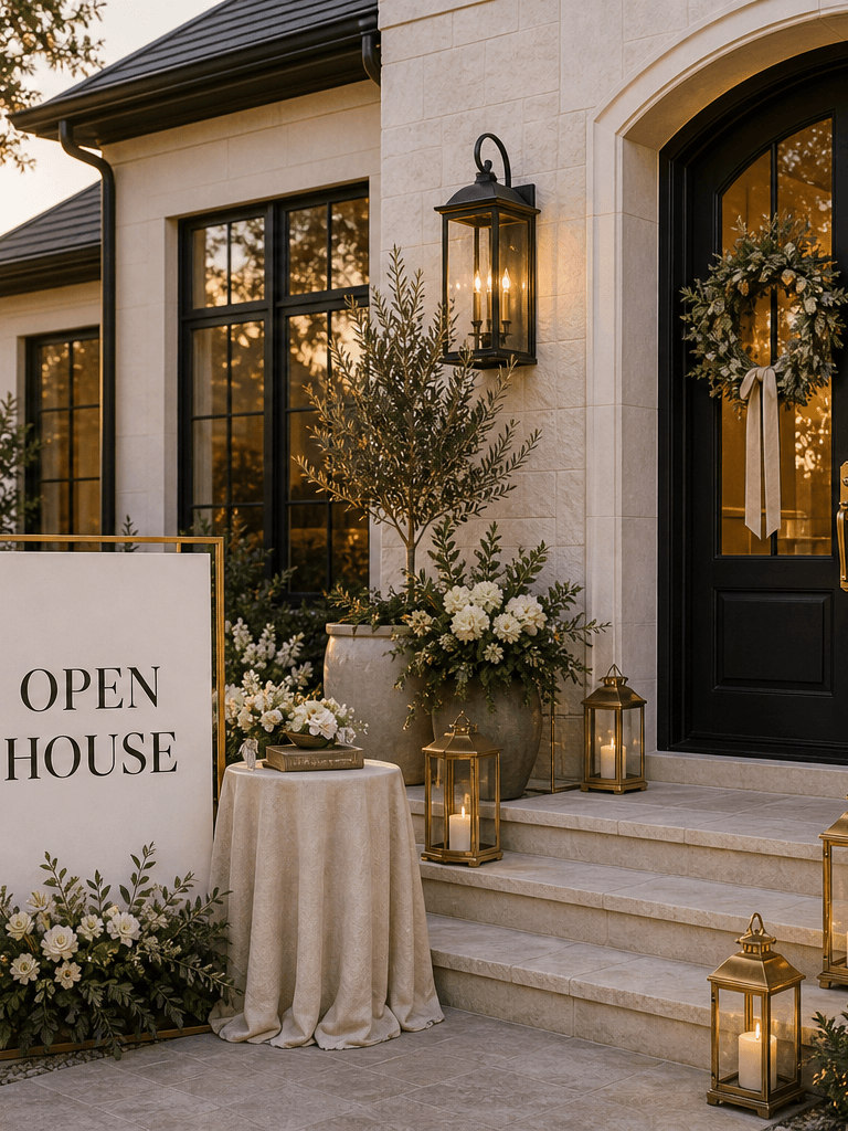 A luxury home entry styled for an open house with an Open House sign, paired wreaths, refined planters, welcome pedestal, florals, and lanterns.