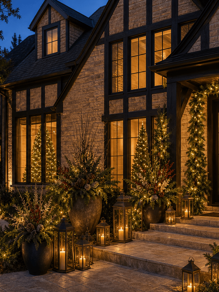 A Tudor-inspired front entry at blue hour styled for Christmas with lit evergreen garland, a wreath, winter planters, and brass lanterns.