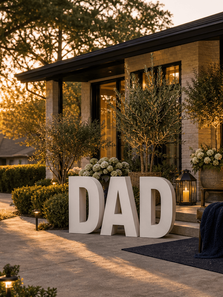 A mid-century ranch front entry at golden hour styled for Father's Day with clean Dad letters, a navy lounge chair vignette, olive greenery, white florals, woven planters, and brass lanterns.