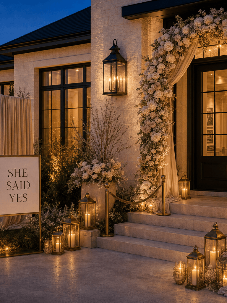 A limestone front entry at blue hour styled for an engagement with a She Said Yes sign, floral arch, champagne backdrop, draped textiles, and lanterns.