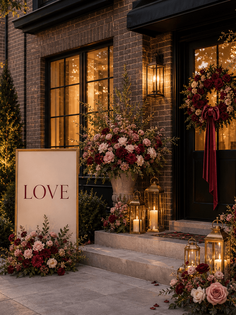 A dark brick front entry at golden hour styled for Valentine's Day with a Love sign, burgundy florals, velvet draping, ribbon props, and brass lanterns.