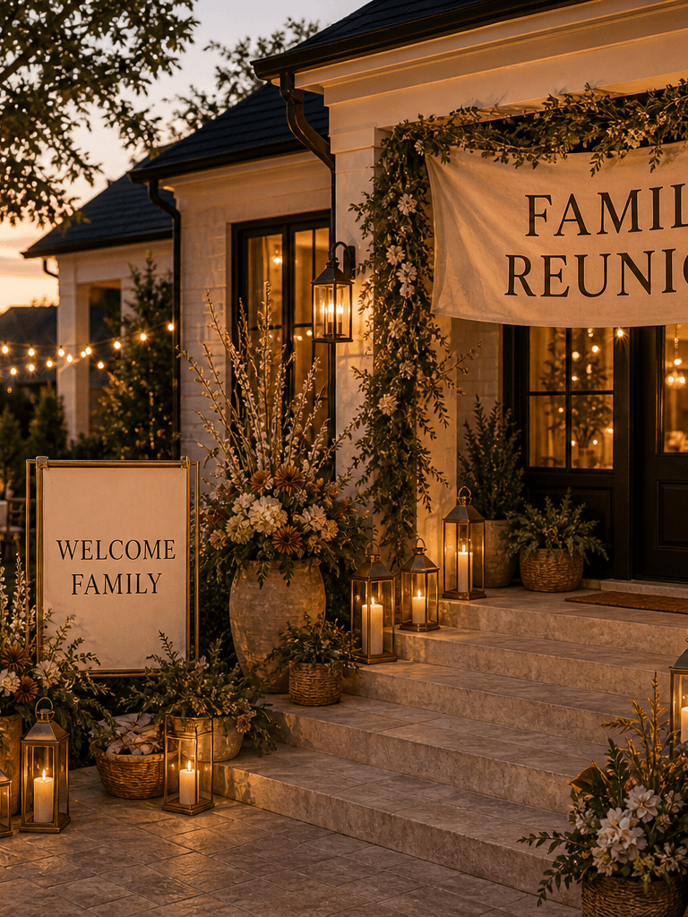 A warm front entry styled for a reunion with a Family Reunion banner, Welcome Family sign, arrival arch, florals, string lights, and a long-table glimpse.