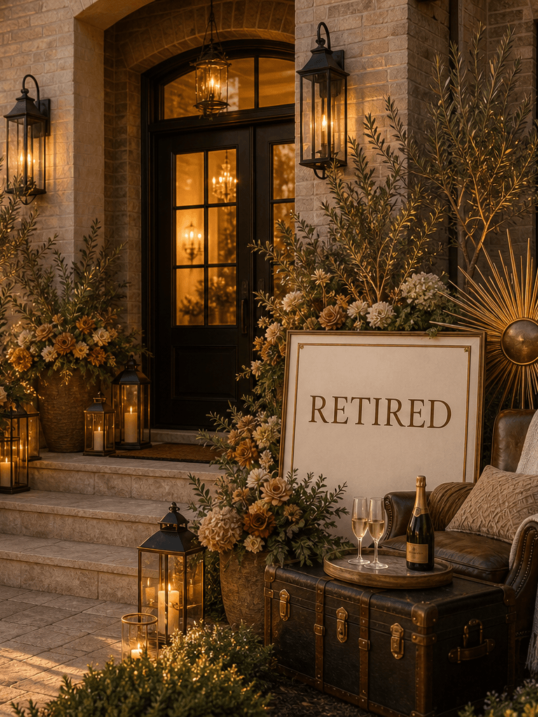 A brick front entry styled for retirement with a Retired sign, a travel trunk, leather chair, sunburst prop, terracotta florals, and brass lanterns.