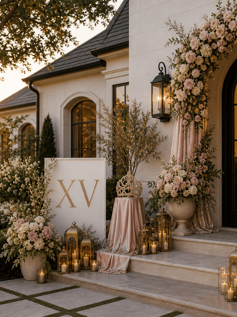 A white stucco arched entry styled for a quinceanera with an XV sign, blush floral arch, satin draping, lanterns, and a chair vignette.