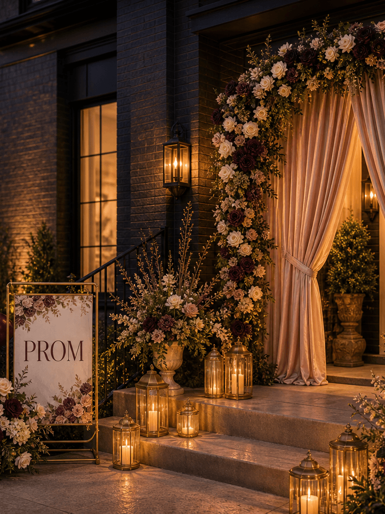 A dark brick front stoop styled for prom with a floral arch, ribbon-curtain backdrop, balloons, a Prom sign, and lanterns.