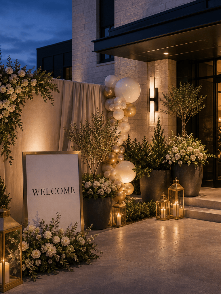 A commercial venue entrance at blue hour styled for a conference with a Welcome sign, floral planters, champagne balloons, lantern rows, and a backdrop wall.