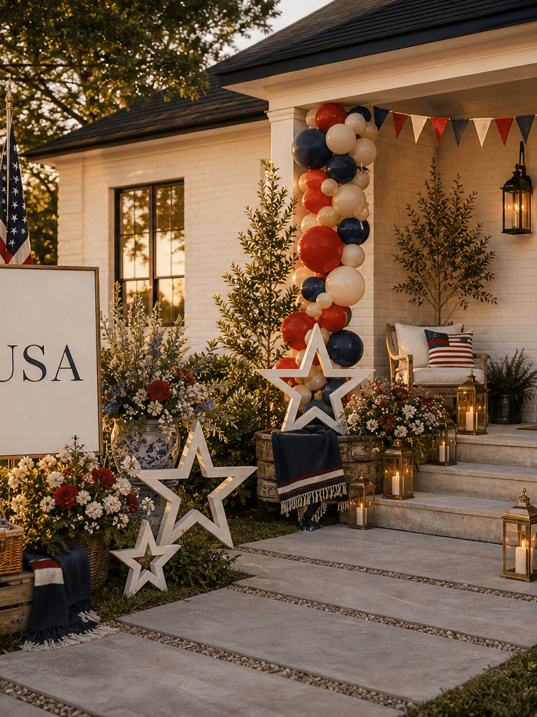 A white brick front entry at golden hour styled for the Fourth of July with a USA sign, navy bunting, flag accents, star sculptures, white florals, and brass lanterns.