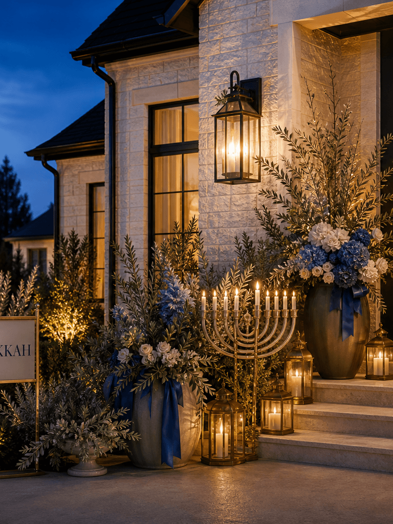 A limestone front entry at blue hour styled for Hanukkah with a menorah prop, blue-and-ivory florals, a Hanukkah sign, ribbon, and brass lanterns.