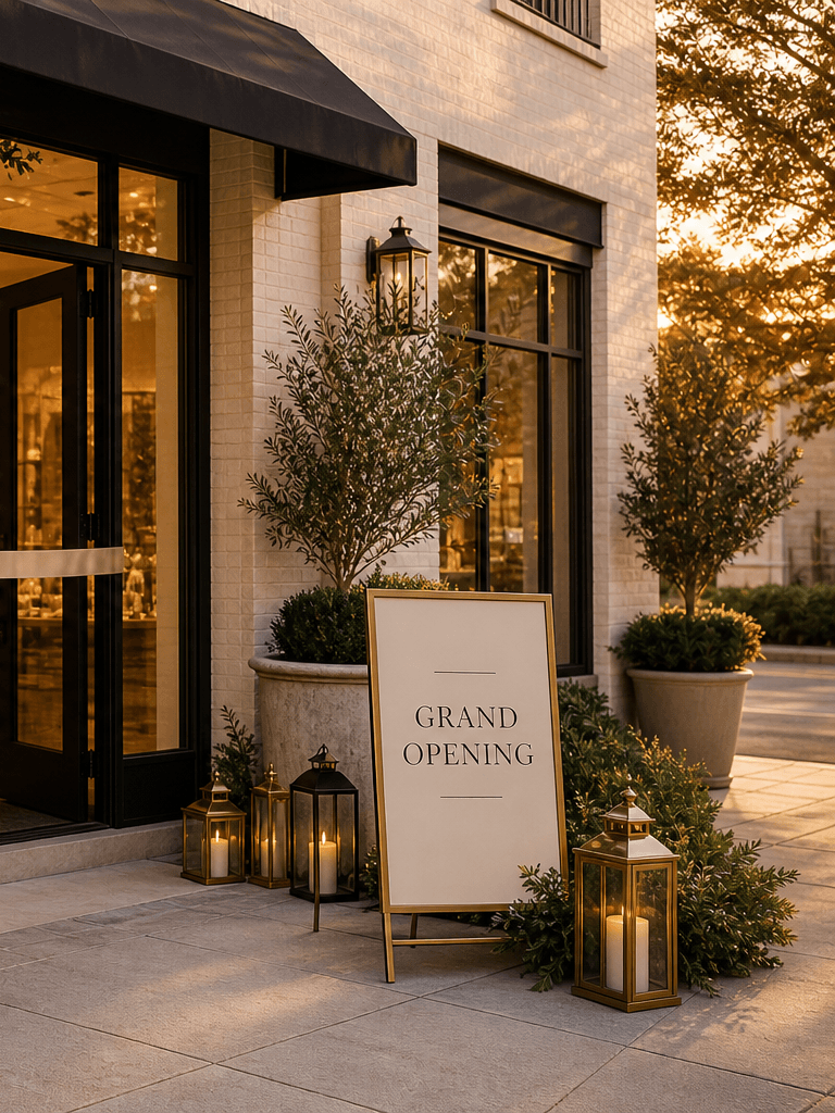 A boutique storefront styled for a grand opening with architectural balloons, florals, ribbon, and a signage prop.