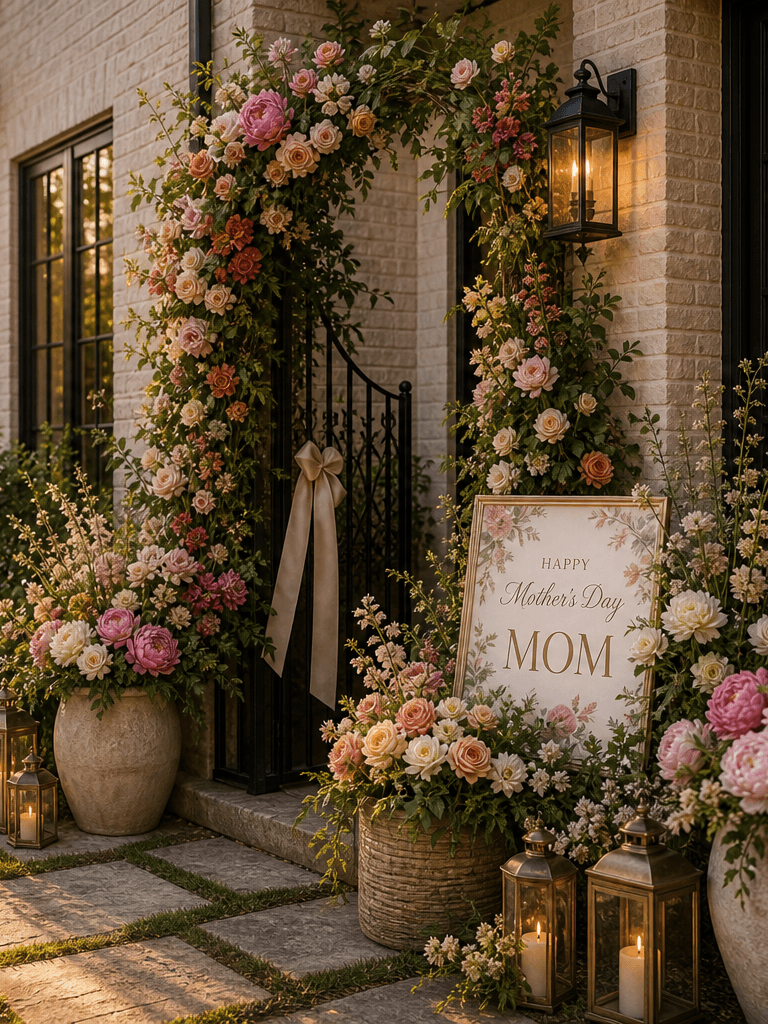 A Georgian-style front entry at golden hour styled for Mother's Day with peony and ranunculus planters, a floral wreath, and lanterns.