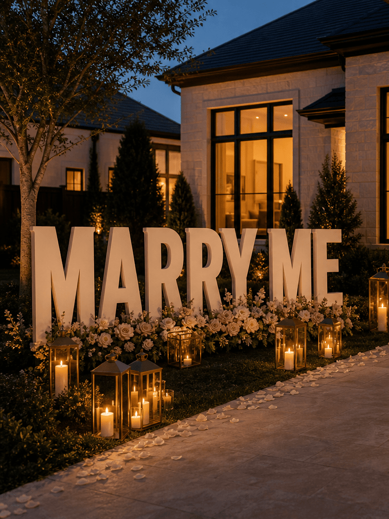 A front entry at blue hour styled for a proposal with Marry Me yard letters, an ivory floral arch, candlelit lanterns, and a ring-box pedestal.