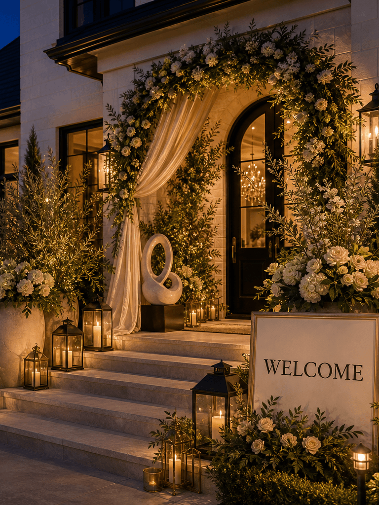 A blue-hour estate front entry styled as a custom install with a Welcome sign, draped floral arch, cream planters, lanterns, path lights, and refined custom styling.