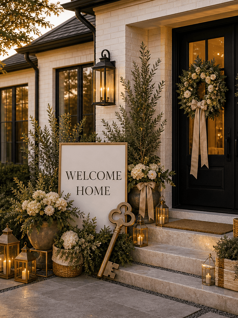A new white brick front entry styled for a housewarming with a Welcome Home sign, paired wreaths, refined florals, a brass key prop, and lanterns.