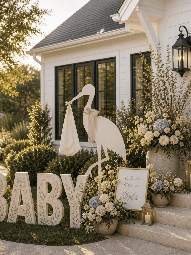 A white cottage front entry styled for a new baby with Baby yard letters, a sculptural stork, soft florals, ribbon, and lanterns.