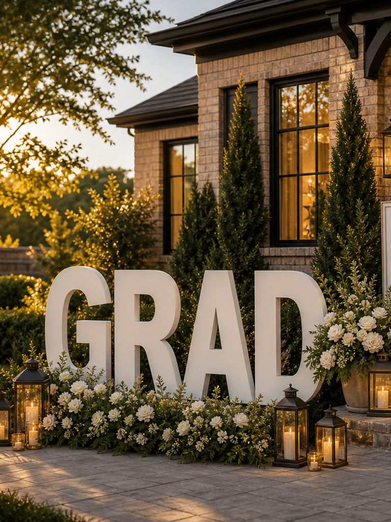 A brick front entry styled for graduation with clean Grad letters, a Congrats sign, navy and gold balloons, cap props, white florals, and brass lanterns.