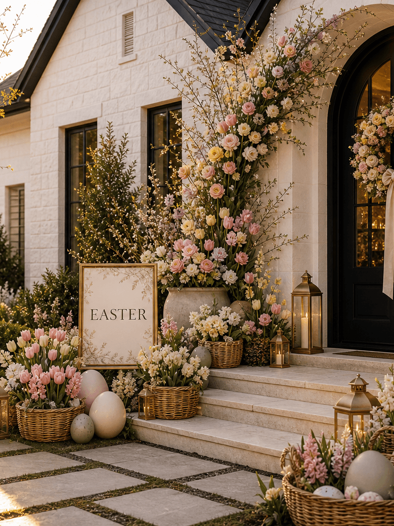 A white arched front entry at golden hour styled for Easter with an Easter sign, pastel florals, ceramic eggs, woven baskets, and brass lanterns.