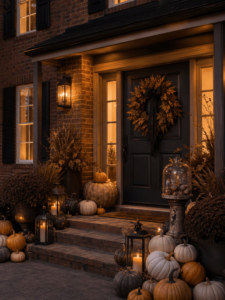 A red-brick traditional front porch at dusk styled for Halloween with heirloom pumpkins, dried branches, deep mums, a wreath, and lanterns.