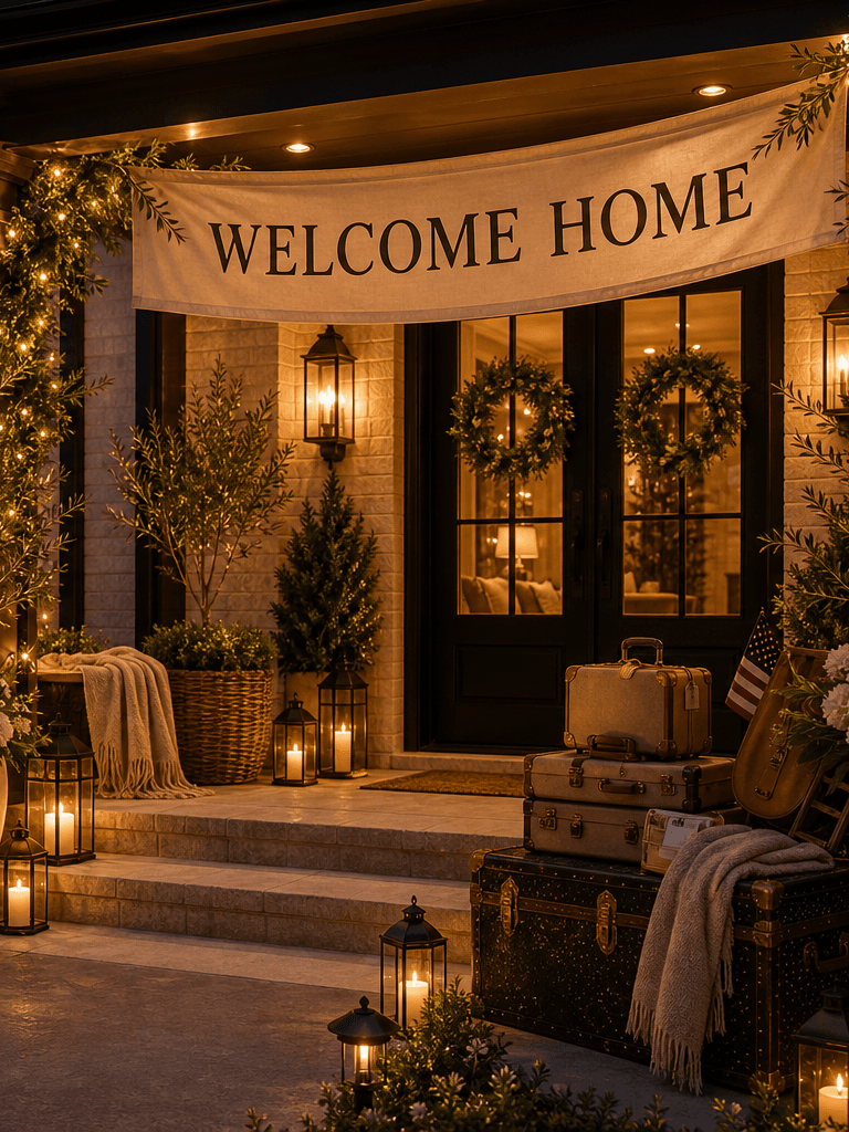 A covered front porch at blue hour styled for a welcome home with a Welcome Home banner, suitcase vignette, wreaths, ivory florals, lanterns, and warm interior glow.